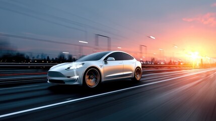 Silver electric vehicle glides on highway at sunset.