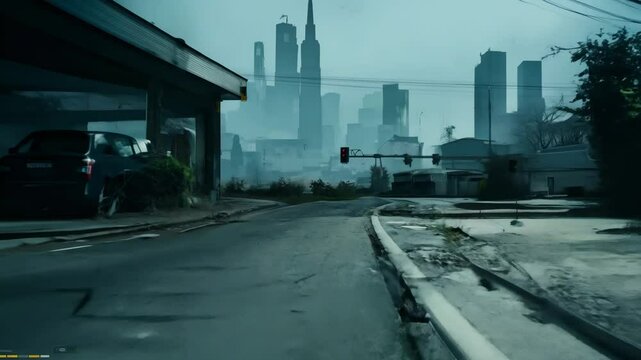 Abandoned city street with shattered storefronts, zombie apocalypse casts grim despair, zombie apocalypse forces survivors underground, zombie apocalypse erodes daily routines. Concept urban horror