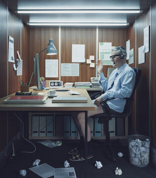 Messy employee having a video call from home