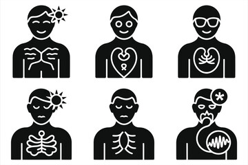 Vector Illustration of Various Medical Conditions Affecting the Human Body/This set of six icons depicts different health issues, each affecting a different part of the body.