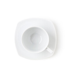 Empty coffee cup with saucer photography isolated on white background. Clipping path. Original shadow.