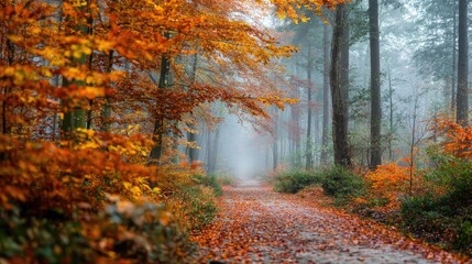Obraz premium Autumnal pathway through a misty forest.