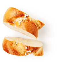 Sweet bun slices photography isolated on white background. Clipping path. Original shadow.