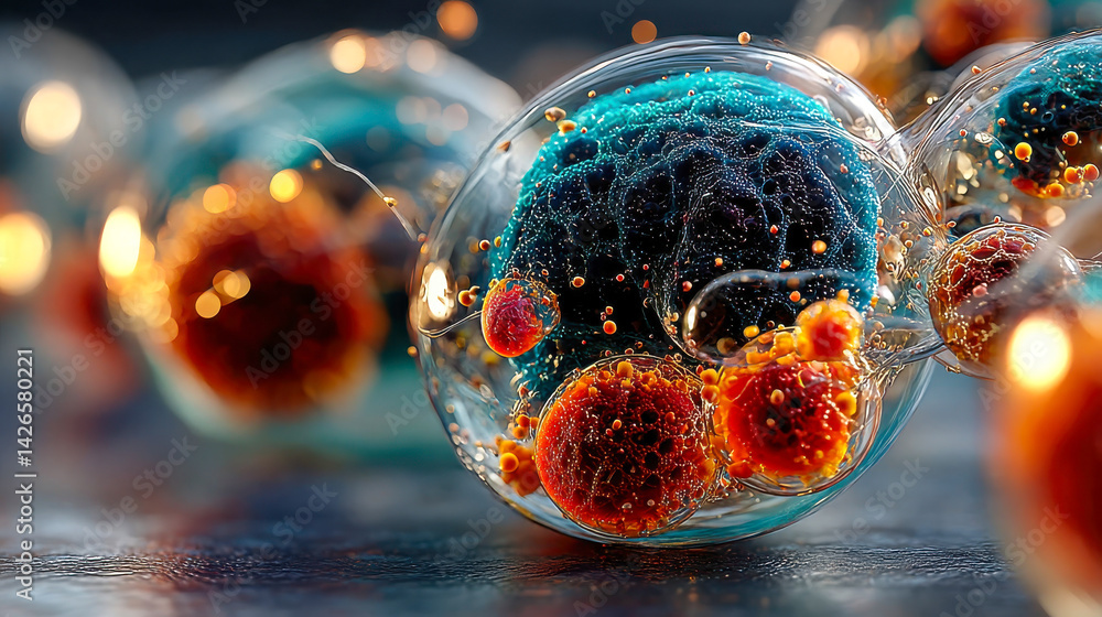Poster floating digital orbs with glowing cores, surrounded by network lines and particles