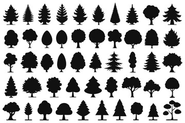 Even More Ultimate Tree collection, 100 detailed, different tree vectors. Evergreen forest firs and spruces black shapes, wild nature trees templates. Vector illustration woodland trees set.