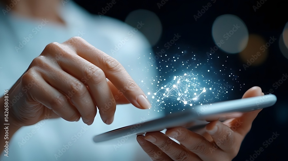 Poster person using a smartphone with a glowing digital interface