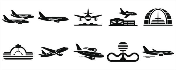 Collection of Black and White Airplane and Airport Icons..