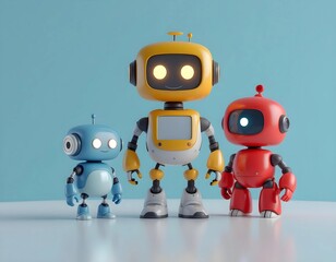 3D Three friendly robots in a vibrant display.