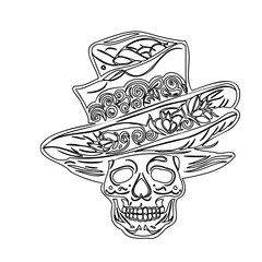 Ornate Skull Wearing Sombrero Line Art Illustration
