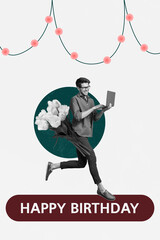 Vertical poster artwork collage of happy girl guy stand tulips flower bloom celebration birthday party garland decor occasion