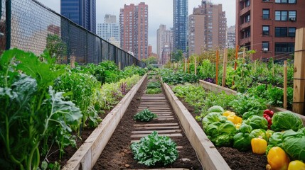 Fototapeta premium Rooftop urban farm with vegetables, compost bins, and rainwater harvesting promoting food sustainability