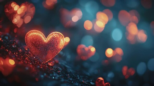 Hearts Afire: A close-up shot of luminous hearts, floating against a dreamy backdrop, bathed in a gentle light, expressing a deep feeling of love.