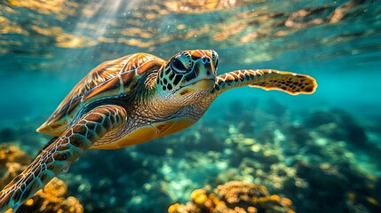 Fototapeta premium Submerged sea turtle gracefully glides through vibrant coral reef.