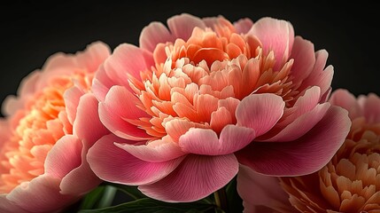 Close-up of vibrant peach and pink peony blossoms.