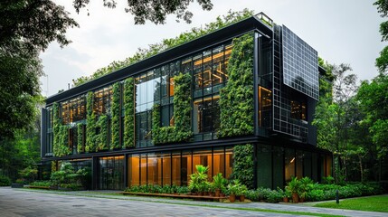 Obraz premium Modern sustainable office building with vertical gardens and solar panels