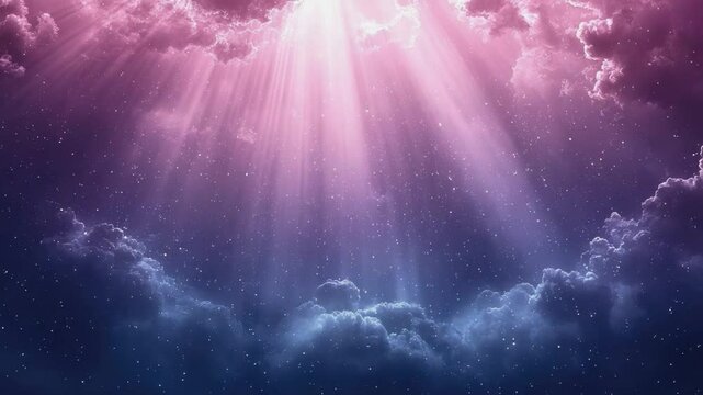 Celestial Dawn: A mesmerizing panorama of clouds painted in shades of pink, purple, and blue. Divine light streams through the clouds creating a stunning, ethereal scene.