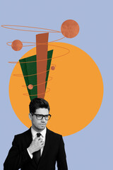 Trendy art creative vertical photo collage of minded girl guy think decision scribble brainstorming...