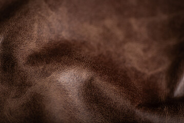Dark Brown Faux Leather Close Up Crumpled Texture with Natural Shine