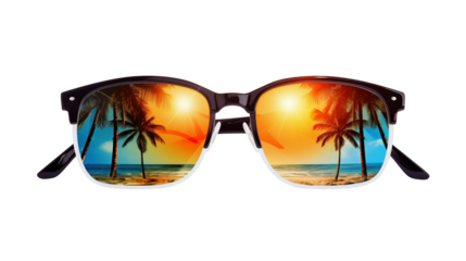 Sunglasses reflecting a tropical beach with palm trees and a bright sunset isolated on transparent background