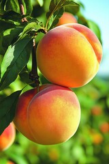 Two fuzzy peaches hang on a branch in a sunny orchard