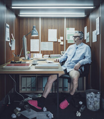 Funny sloppy businessman working in slippers