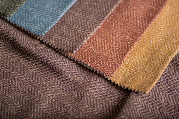 Colorful Herringbone Fabric Swatches Textile Samples in Blue, Beige, Brown and Terracotta Tones