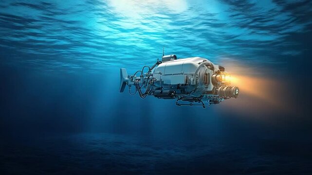 Submarine's Underwater Voyage: An eye-level shot captures a high-tech, deep-sea submersible gliding through the vast, mysterious depths of the ocean, illuminated by its own powerful light.