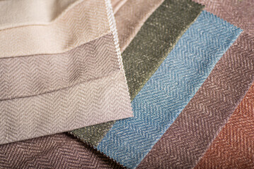 Colorful Herringbone Fabric Swatches Textile Samples in Blue, Beige, Green and Terracotta Tones