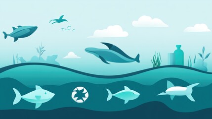 Obraz premium Sustainable fisheries concept image with clean ocean scene and icons of environmental balance