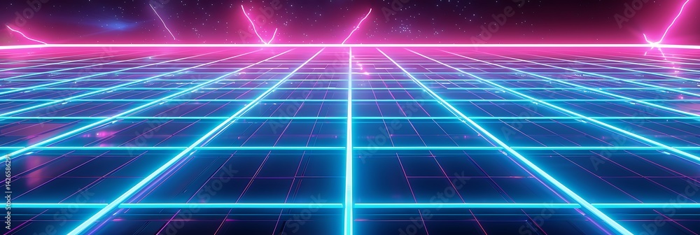 Poster futuristic retro landscape with a glowing neon grid floor receding into perspective. pink and blue l