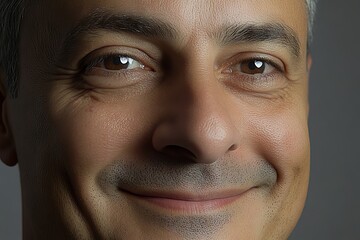 A smiling man with flawless teeth is shown in a closeup against a grey backdrop, representing a dental implant illustration