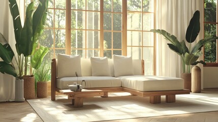 Upcycled furniture arranged in a sustainable living room design with natural lighting and plants