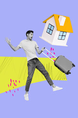 Graphics poster collage of person with flying building on purple background