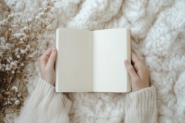 A cozy scene featuring hands holding an open, blank notebook beside dried flowers on a soft, knitted blanket.