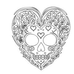 Naklejka premium Sugar Skull Floral Heart Outline Illustration