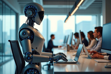 A humanoid robot works in an office on a laptop among other workers on background, showcasing the utility of automation in repetitive and tedious tasks. AI