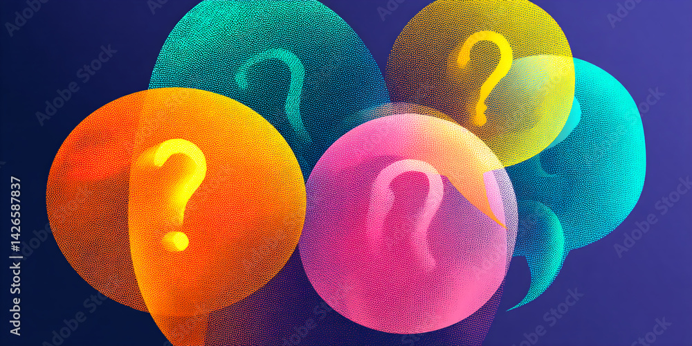 Poster Abstract image of colorful speech bubbles with question marks, symbolizing curiosity, inquiry, and communication