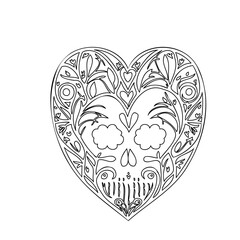 Heart Shaped Skull Vector Illustration in Outline