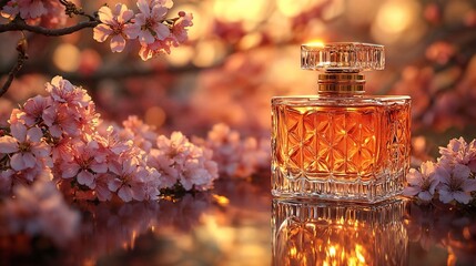 Golden perfume bottle with luxurious mood surrounded by cherry blossoms and soft bokeh 
Golden perfume bottle with luxurious mood surrounded by cherry blossoms and soft bokeh against dark orange grad
