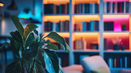 modern home with plant and colorful ambient lighting – perfect for blog headers, interior design websites, workspace inspiration content, or tech lifestyle promotions
