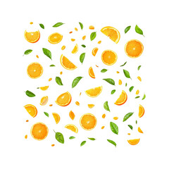 Obraz premium Vibrant Orange Slices and Leaves Falling on Transparent Background