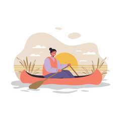 Woman rowing canoe on river at sunset in nature outdoor activity scene vector illustration 