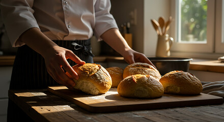 Artisan Baker Presenting Freshly Baked Bread in Sunlit Kitchen