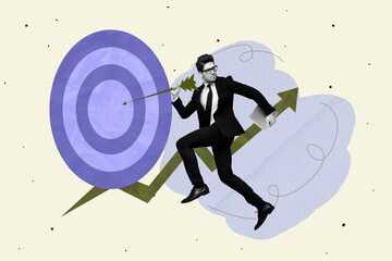 Creative full art zine collage of happy business girl guy run target determination aim achievement...