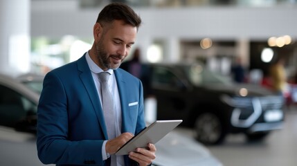 Fototapeta premium businessman in blue suit is using tablet in modern car showroom, showcasing professional and confident demeanor. atmosphere is bright and inviting, highlighting luxury vehicles