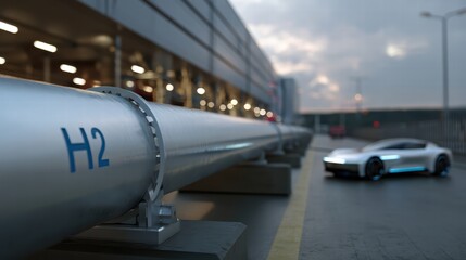 large industrial pipeline marked with H2 runs alongside futuristic vehicle urban setting, showcasing modern technology and innovation transportation. scene evokes sense of progress