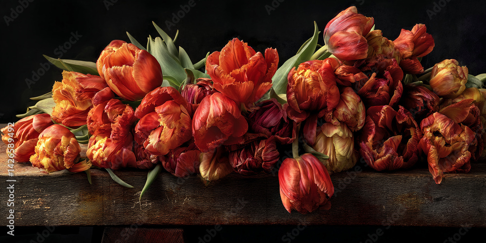 Aufkleber red and orange fringed tulips rest on dark wood, showcasing texture and color depth, representing be