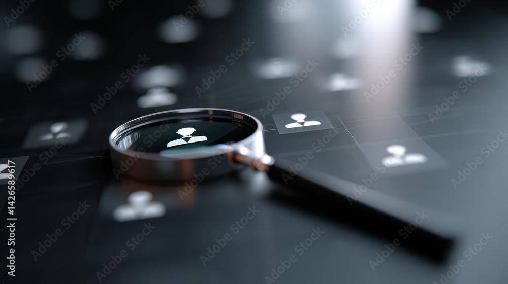 Poster magnifying glass focuses on user icons on digital interface, symbolizing search and analysis in mode