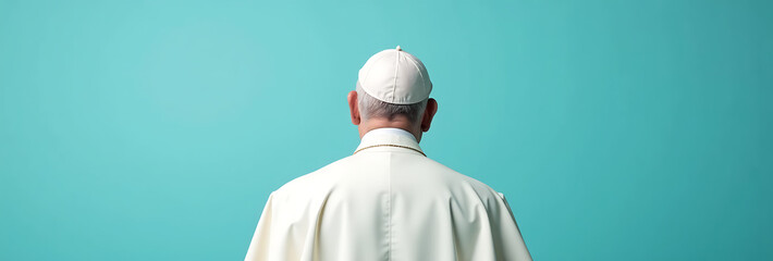rear view pope  solid aqua background copy space