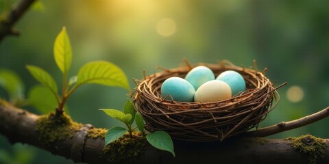 Fototapeta premium Pastel-colored eggs nestled in a delicate bird's nest, resting on a mossy branch amidst vibrant spring foliage, bathed in soft sunlight